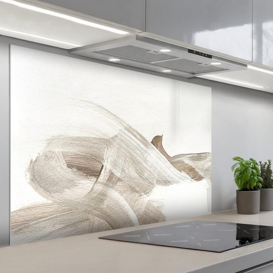 KitchenYeah Spatscherm 120x80 cm Zelfklevende achterwand Abstract Moderne kunst Beige Keuken muurbeschermer Spatwand fornuis
