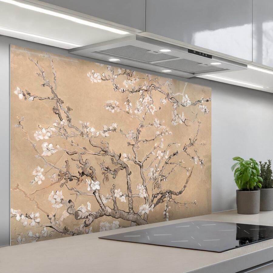 KitchenYeah Spatscherm 120x80 cm Zelfklevende achterwand Amandelbloesem Kunst Van Gogh Beige Keuken muurbeschermer Spatwand fornuis