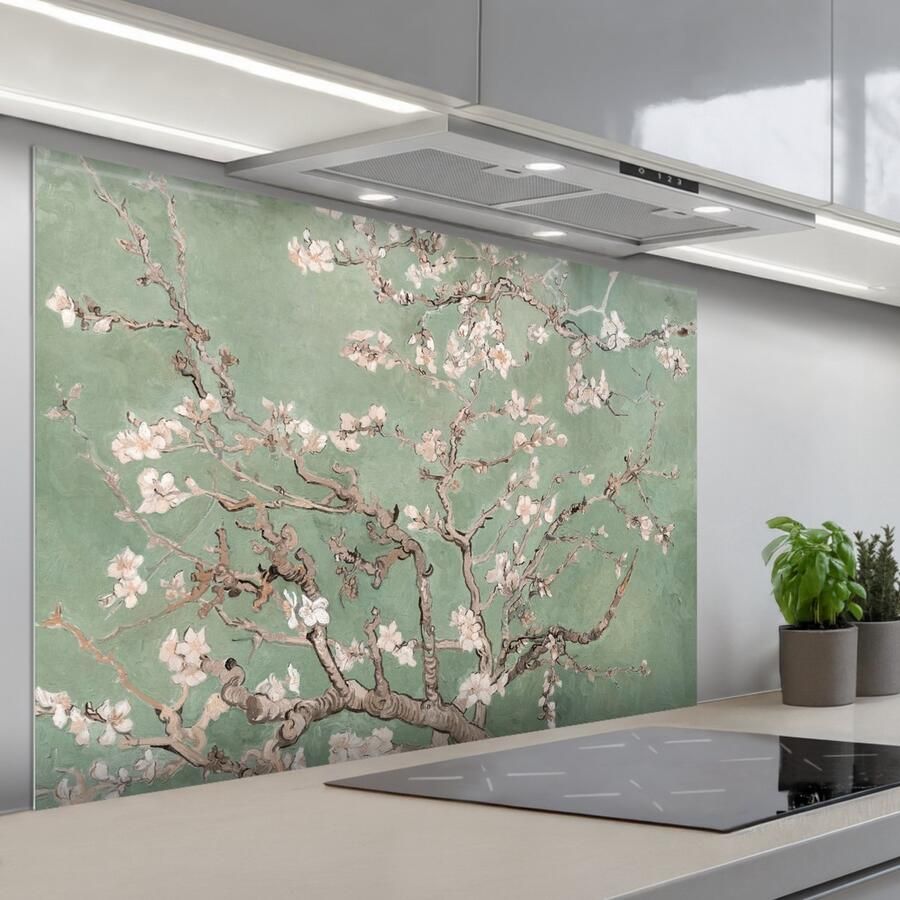 KitchenYeah Spatscherm 120x80 cm Zelfklevende achterwand Amandelbloesem Kunst Van Gogh Groen Keuken muurbeschermer Spatwand fornuis