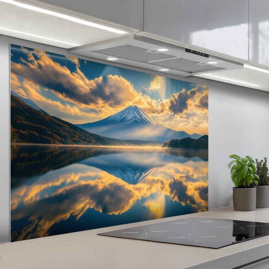 KitchenYeah Spatscherm 120x80 cm Zelfklevende achterwand Berg Rivier Zonsondergang Keuken muurbeschermer Spatwand fornuis