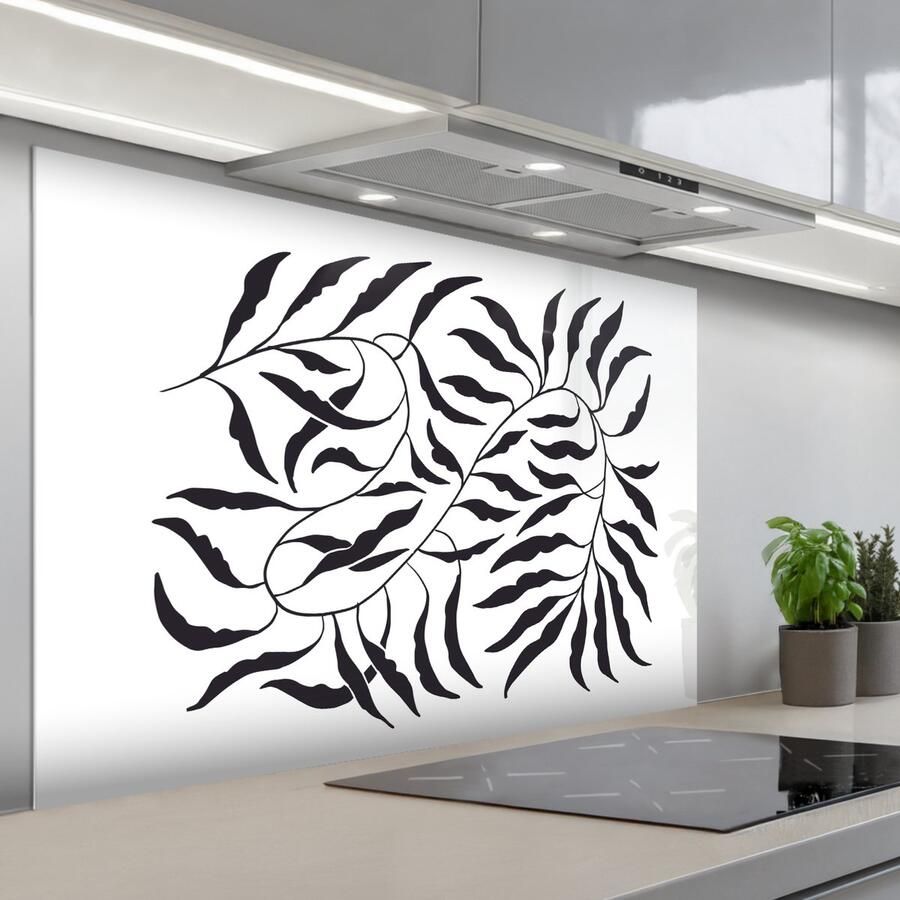 KitchenYeah Spatscherm 120x80 cm Zelfklevende achterwand Bladeren Planten Bohemian Wit Abstract Keuken muurbeschermer Spatwand fornuis