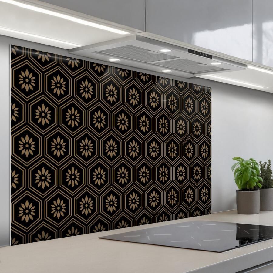 KitchenYeah Spatscherm 120x80 cm Zelfklevende achterwand Bloemen Goud Hexagon Keuken muurbeschermer Spatwand fornuis