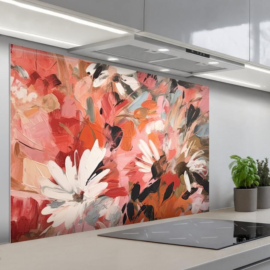 KitchenYeah Spatscherm 120x80 cm Zelfklevende achterwand Bloemen Kunst Abstract Verf Keuken muurbeschermer Spatwand fornuis