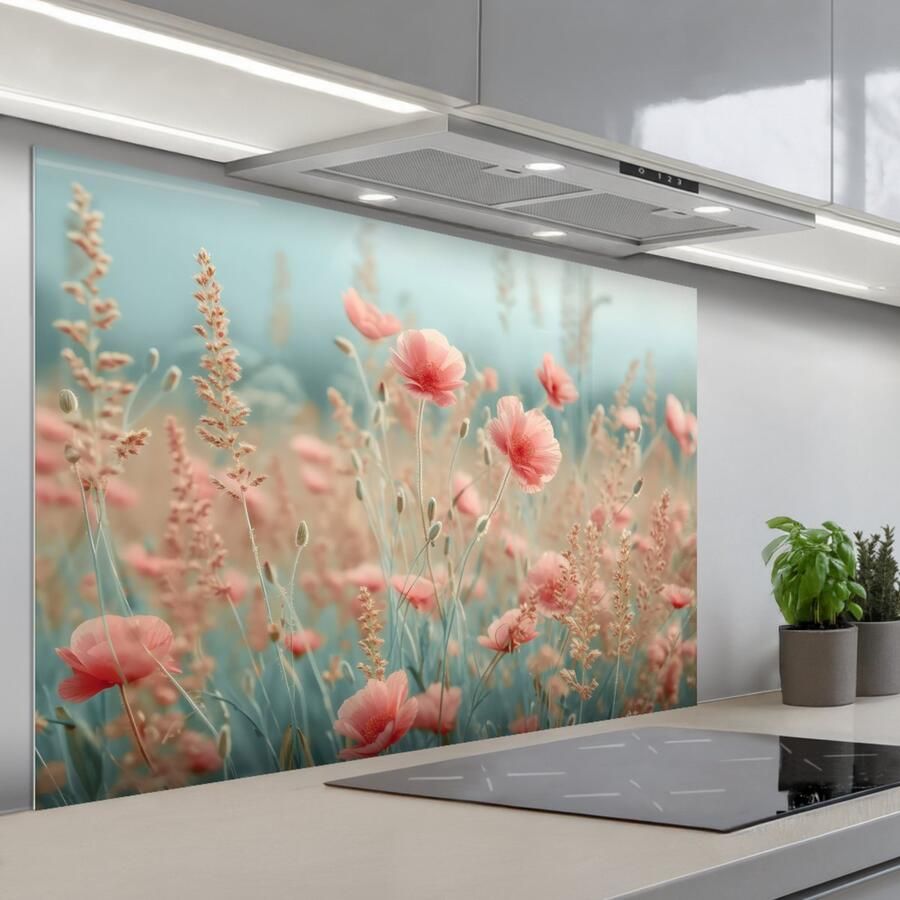KitchenYeah Spatscherm 120x80 cm Zelfklevende achterwand Bloemen Natuur Klaprozen Bloemenveld Keuken muurbeschermer Spatwand fornuis - Foto 1