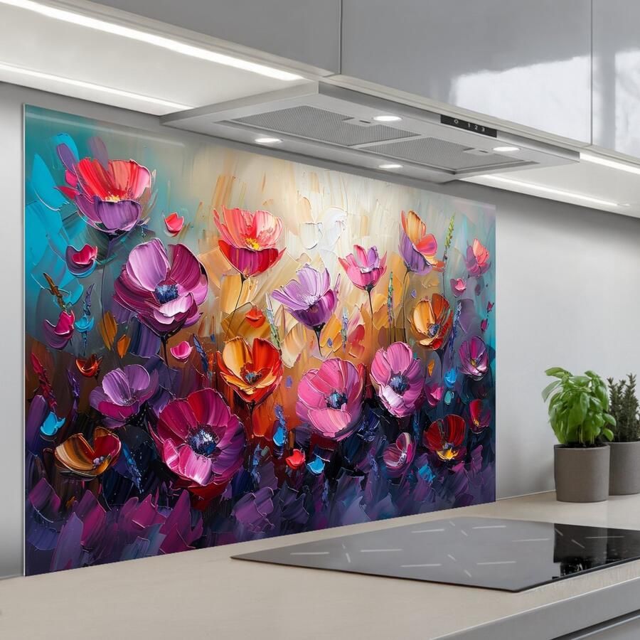 KitchenYeah Spatscherm 120x80 cm Zelfklevende achterwand Bloemen Paars Kleurrijk Handgeschilderd Kunst Keuken muurbeschermer Spatwand fornuis