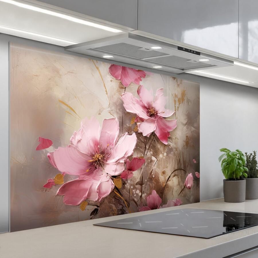 KitchenYeah Spatscherm 120x80 cm Zelfklevende achterwand Bloemen Roze Kunst Watercolor Keuken muurbeschermer Spatwand fornuis