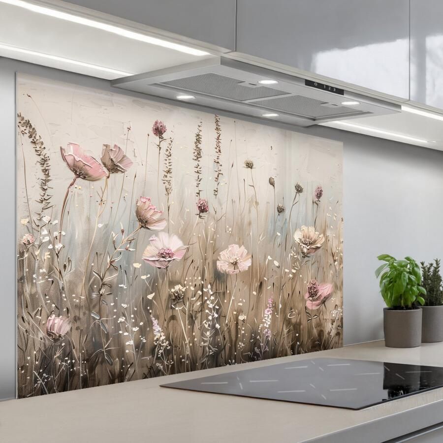 KitchenYeah Spatscherm 120x80 cm Zelfklevende achterwand Bloemen Roze Modern Beige Keuken muurbeschermer Spatwand fornuis - Foto 1