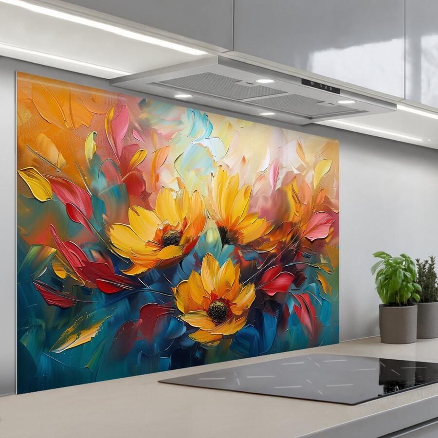 KitchenYeah Spatscherm 120x80 cm Zelfklevende achterwand Bloemen Zonnebloemen Kunst Geel Keuken muurbeschermer Spatwand fornuis