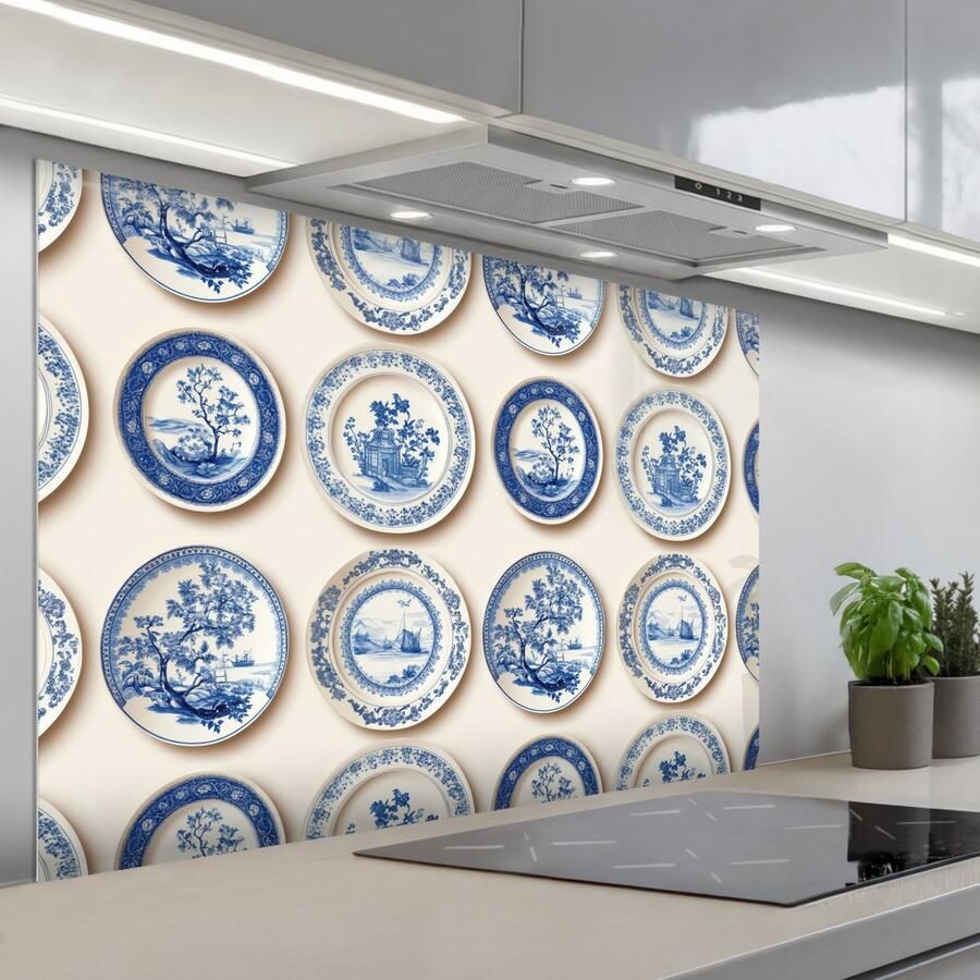 KitchenYeah Spatscherm 120x80 cm Zelfklevende achterwand Borden Bomen Planten Blauw Keuken muurbeschermer Spatwand fornuis