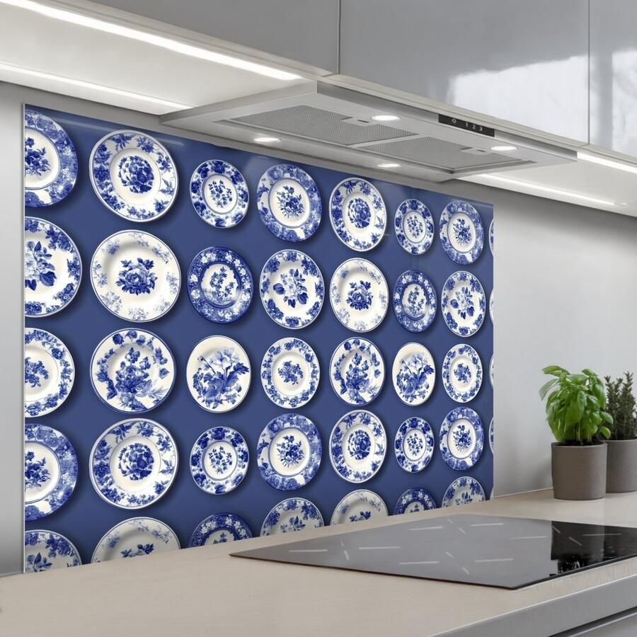 KitchenYeah Spatscherm 120x80 cm Zelfklevende achterwand Borden Floraal Blauw Keuken muurbeschermer Spatwand fornuis