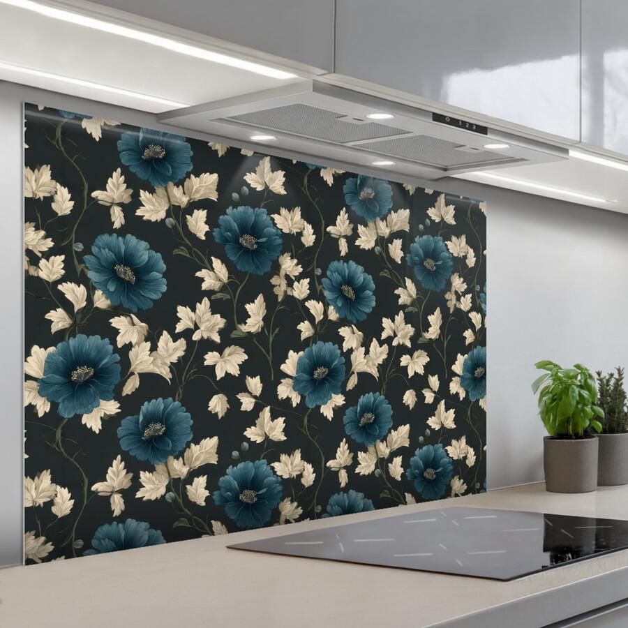 KitchenYeah Spatscherm 120x80 cm Zelfklevende achterwand Botanisch Bloemen Blauw Keuken muurbeschermer Spatwand fornuis