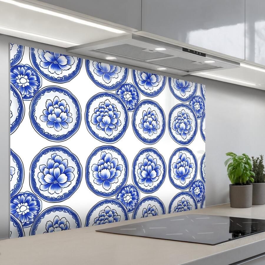 KitchenYeah Spatscherm 120x80 cm Zelfklevende achterwand Cirkels Bloemen Blauw Keuken muurbeschermer Spatwand fornuis