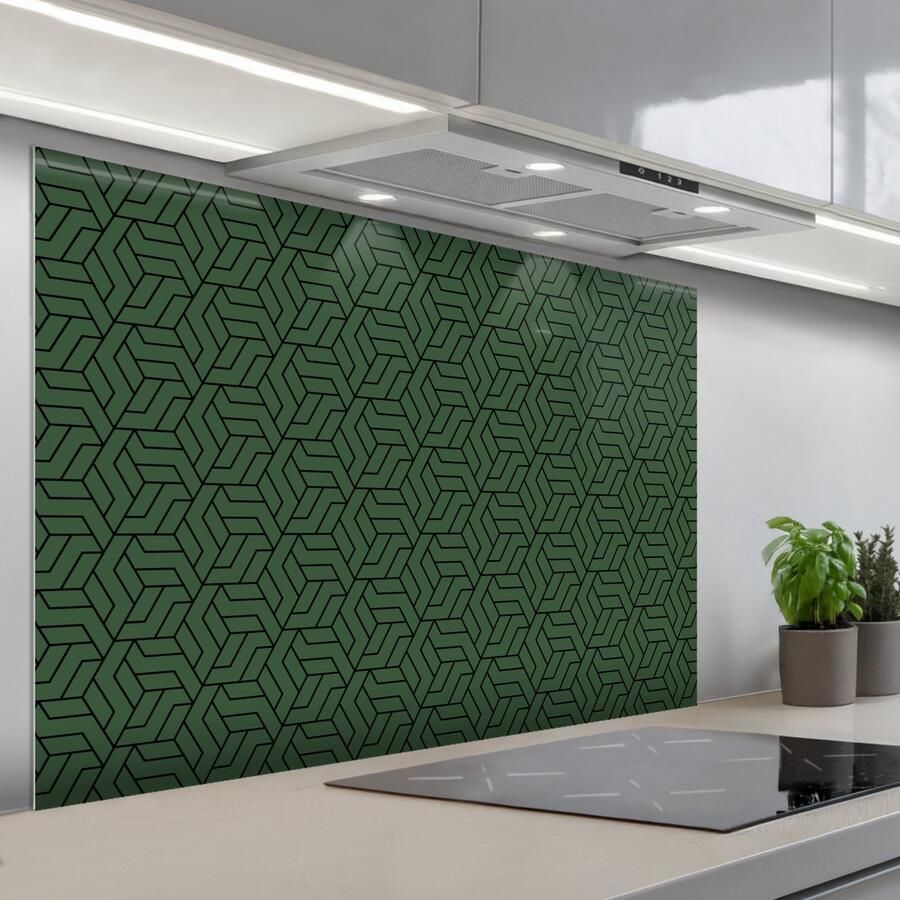 KitchenYeah Spatscherm 120x80 cm Zelfklevende achterwand Donkergroen Patroon Lijnen Zwart Keuken muurbeschermer Spatwand fornuis