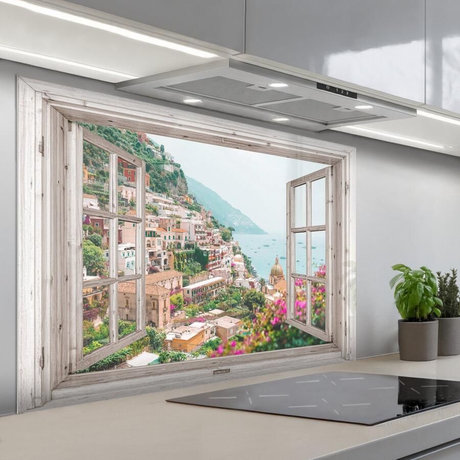 KitchenYeah Spatscherm 120x80 cm Zelfklevende achterwand Doorkijk Italië Bloemen Zee Kust Stad Bergen Keuken muurbeschermer Spatwand fornuis
