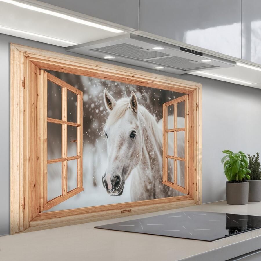 KitchenYeah Spatscherm 120x80 cm Zelfklevende achterwand Doorkijk Paard Wit Winter Sneeuw Dieren Keuken muurbeschermer Spatwand fornuis