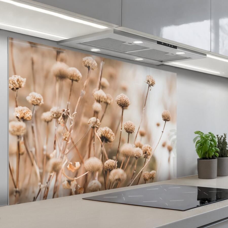 KitchenYeah Spatscherm 120x80 cm Zelfklevende achterwand Droogbloemen Beige Bloemen Natuur Keuken muurbeschermer Spatwand fornuis