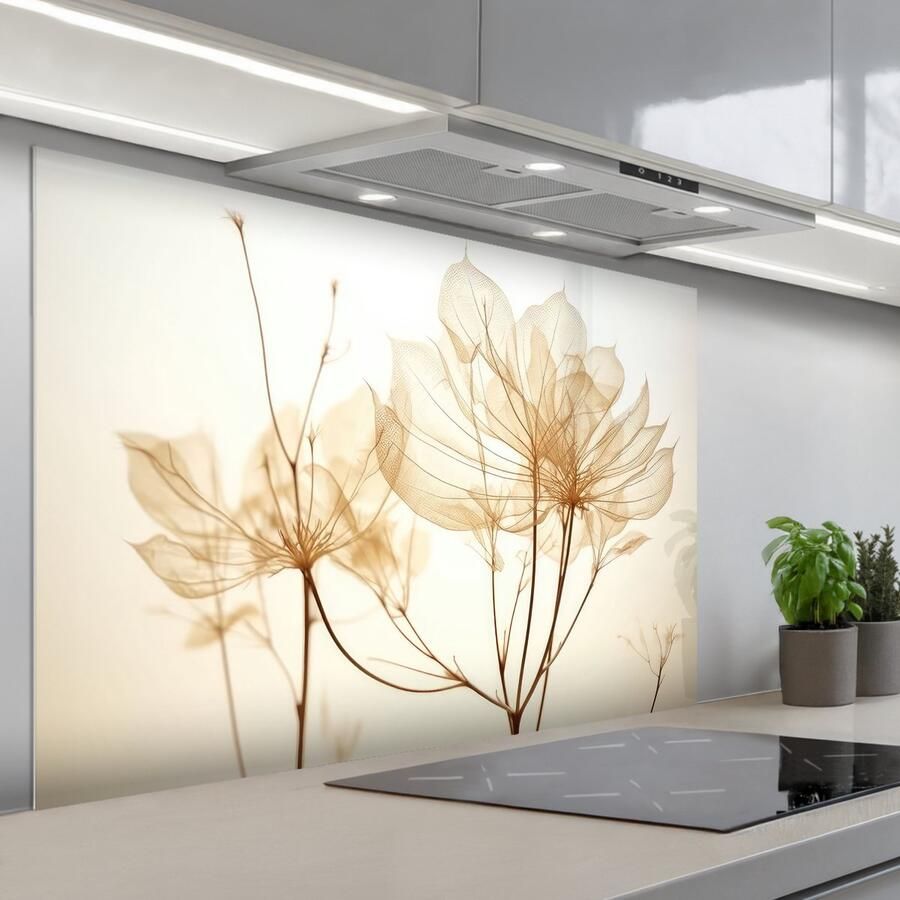 KitchenYeah Spatscherm 120x80 cm Zelfklevende achterwand Droogbloemen Beige Planten Wit Keuken muurbeschermer Spatwand fornuis - Foto 1