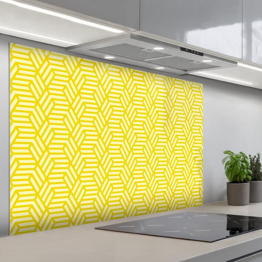 KitchenYeah Spatscherm 120x80 cm Zelfklevende achterwand Geel Patroon Geometrisch Keuken muurbeschermer Spatwand fornuis