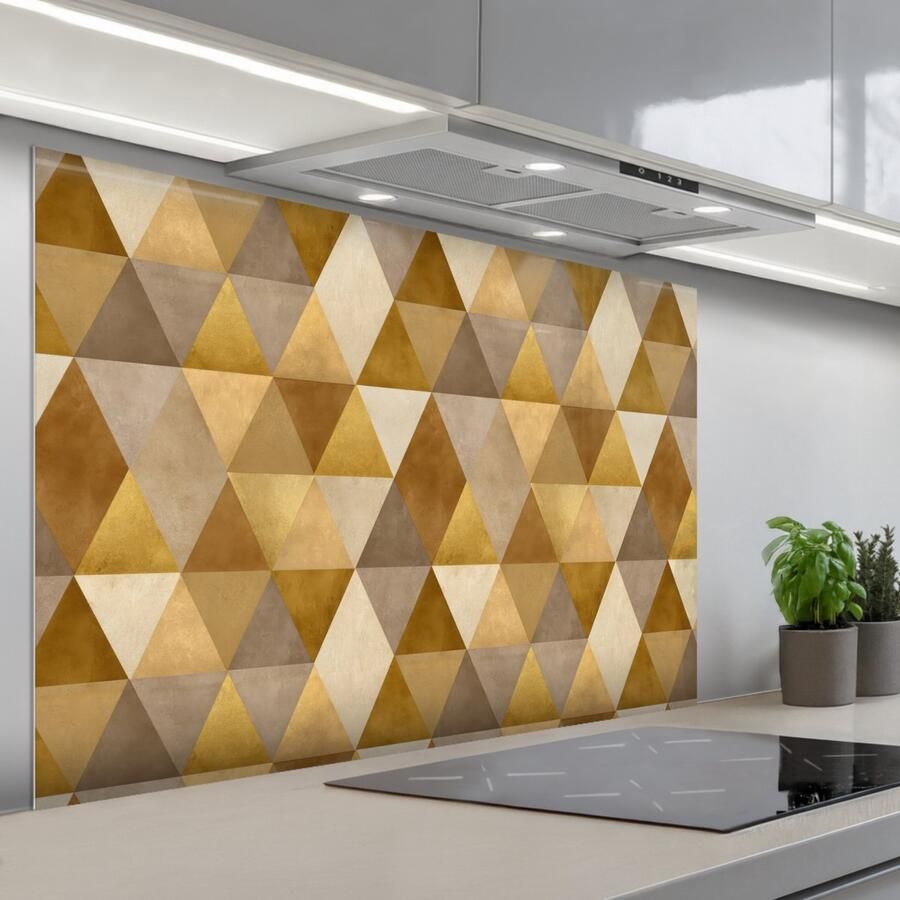 KitchenYeah Spatscherm 120x80 cm Zelfklevende achterwand Geometrisch Driehoek Goud Keuken muurbeschermer Spatwand fornuis