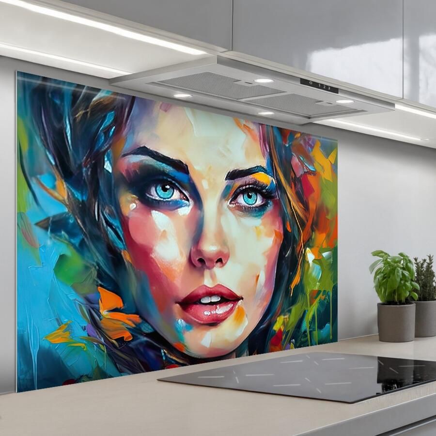 KitchenYeah Spatscherm 120x80 cm Zelfklevende achterwand Gezicht Vrouw Olieverf Kleurrijk Kunst Keuken muurbeschermer Spatwand fornuis