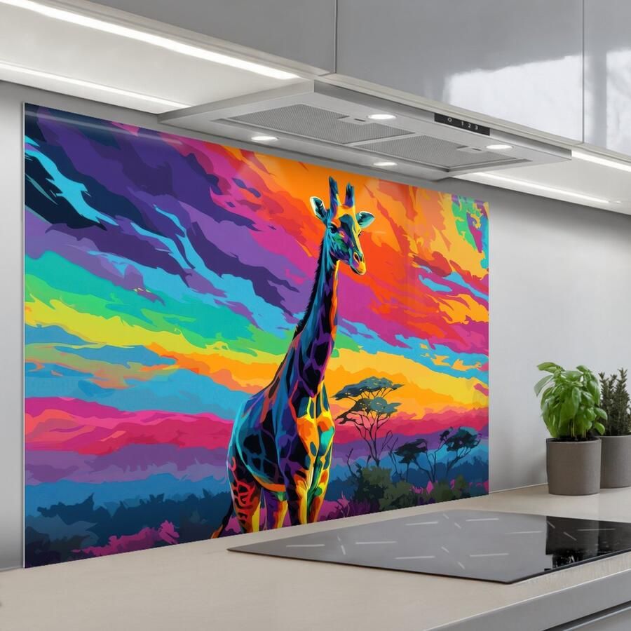 KitchenYeah Spatscherm 120x80 cm Zelfklevende achterwand Giraffe Savanna Lucht Gekleurd Keuken muurbeschermer Spatwand fornuis
