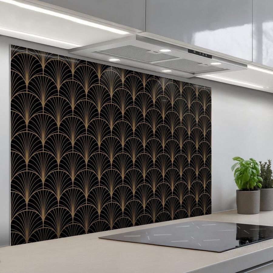 KitchenYeah Spatscherm 120x80 cm Zelfklevende achterwand Gouden Waaiers Zwart Keuken muurbeschermer Spatwand fornuis