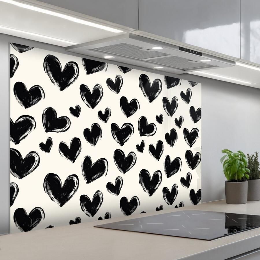 KitchenYeah Spatscherm 120x80 cm Zelfklevende achterwand Hartjes Patroon Zwart Keuken muurbeschermer Spatwand fornuis