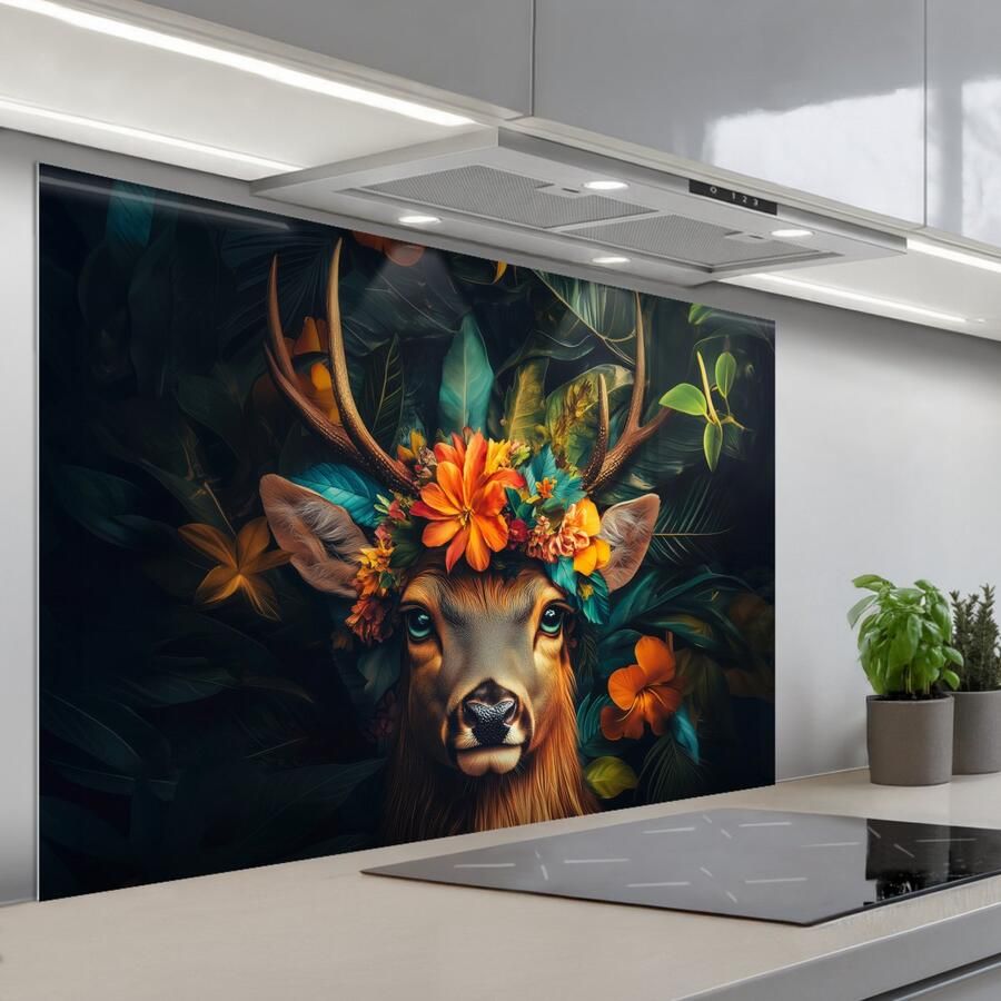 KitchenYeah Spatscherm 120x80 cm Zelfklevende achterwand Hert Bloemen Natuur Botanisch Dier Keuken muurbeschermer Spatwand fornuis