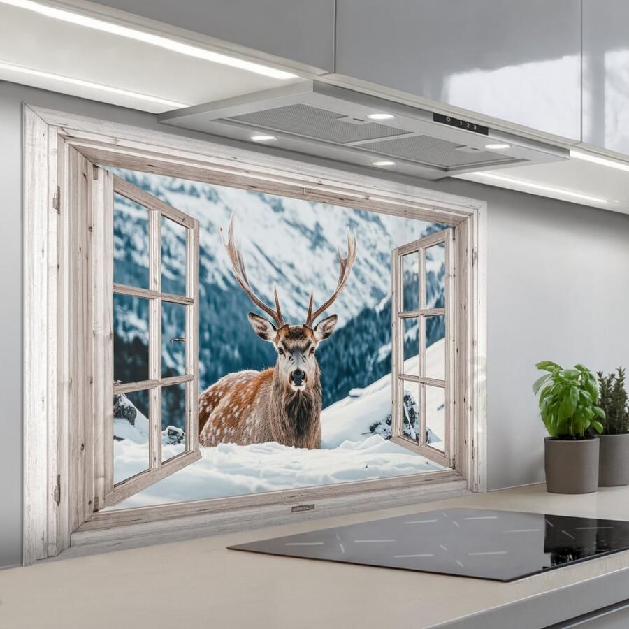 KitchenYeah Spatscherm 120x80 cm Zelfklevende achterwand Hert Winterlandschap Natuur Dieren Doorkijk Bergen Keuken muurbeschermer Spatwand fornuis