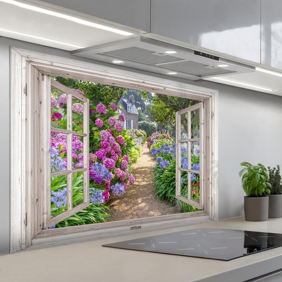 KitchenYeah Spatscherm 120x80 cm Zelfklevende achterwand Hortensia Doorkijk Bloemen Zomer Paars Pad Keuken muurbeschermer Spatwand fornuis