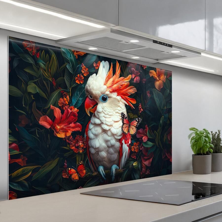 KitchenYeah Spatscherm 120x80 cm Zelfklevende achterwand Kaketoe Vlinders Bloemen Veren Dieren Keuken muurbeschermer Spatwand fornuis
