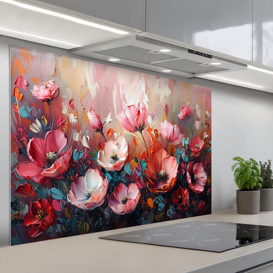 KitchenYeah Spatscherm 120x80 cm Zelfklevende achterwand Klaprozen Roze Bloemen Botanisch Kunst Keuken muurbeschermer Spatwand fornuis - Foto 1