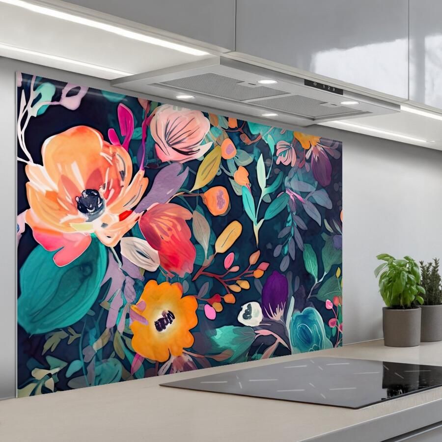 KitchenYeah Spatscherm 120x80 cm Zelfklevende achterwand Kleurrijk Bloemen Kunst Natuur Hippie Keuken muurbeschermer Spatwand fornuis