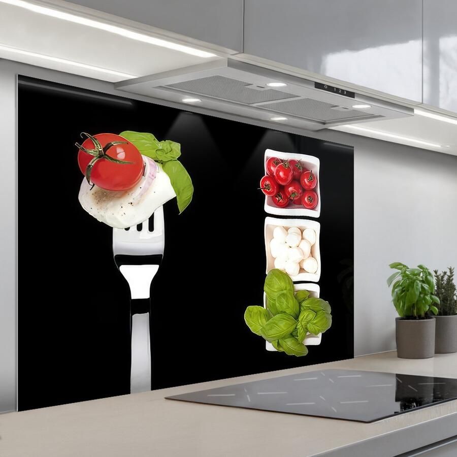 KitchenYeah Spatscherm 120x80 cm Zelfklevende achterwand Kruiden Tomaat Mozzarella Caprese Keuken muurbeschermer Spatwand fornuis