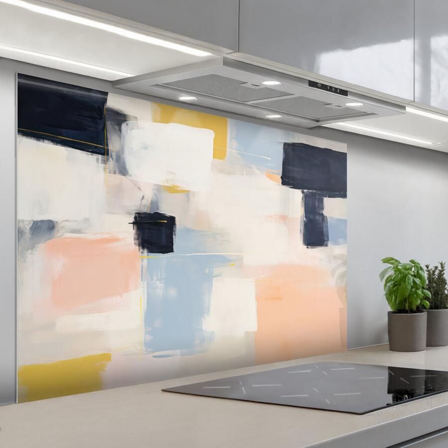 KitchenYeah Spatscherm 120x80 cm Zelfklevende achterwand Kunst Wit Abstract Modern Keuken muurbeschermer Spatwand fornuis