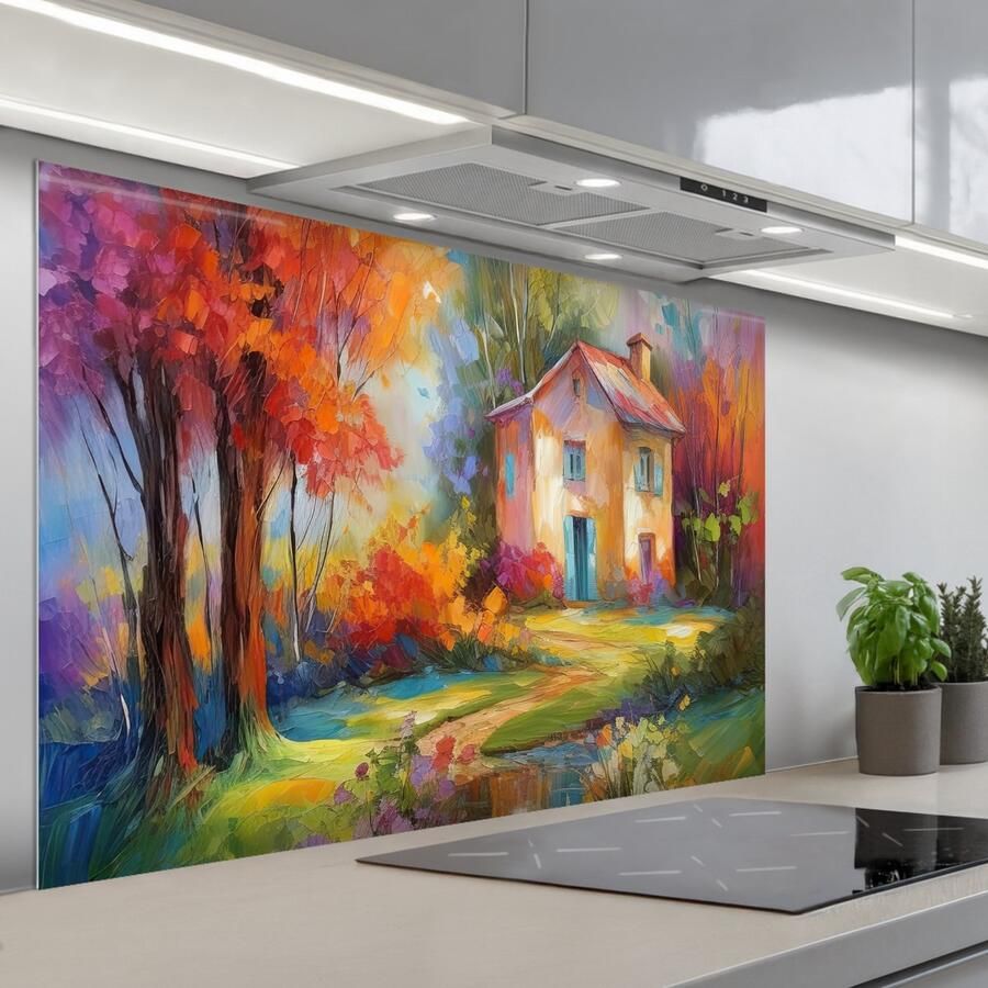 KitchenYeah Spatscherm 120x80 cm Zelfklevende achterwand Landschap Kleurrijk Olieverf Kunst Keuken muurbeschermer Spatwand fornuis