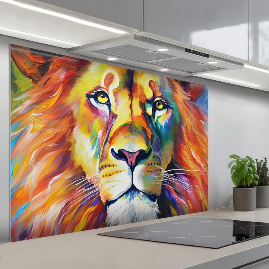 KitchenYeah Spatscherm 120x80 cm Zelfklevende achterwand Leeuw Olieverf Kunst Dieren Keuken muurbeschermer Spatwand fornuis