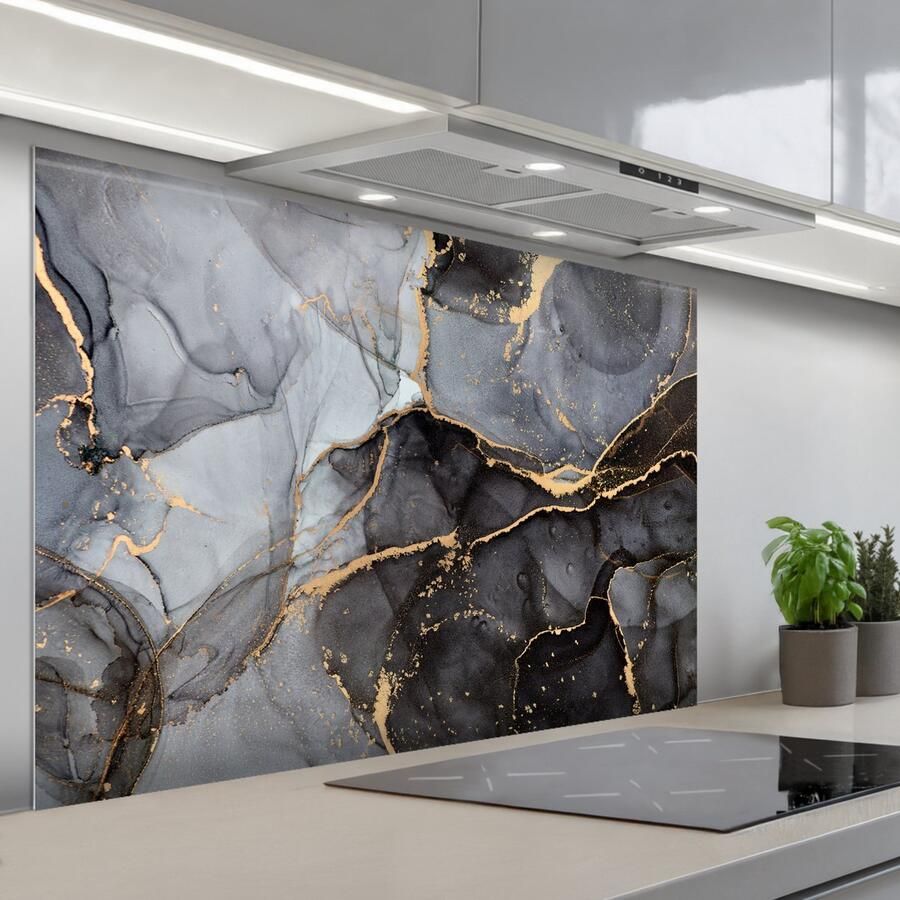 KitchenYeah Spatscherm 120x80 cm Zelfklevende achterwand Marmer look Goud Grijs Keuken muurbeschermer Spatwand fornuis