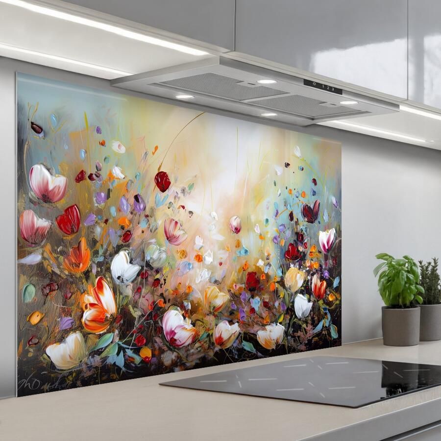 KitchenYeah Spatscherm 120x80 cm Zelfklevende achterwand Olieverf Bloemen Kleurrijk Natuur Keuken muurbeschermer Spatwand fornuis - Foto 1