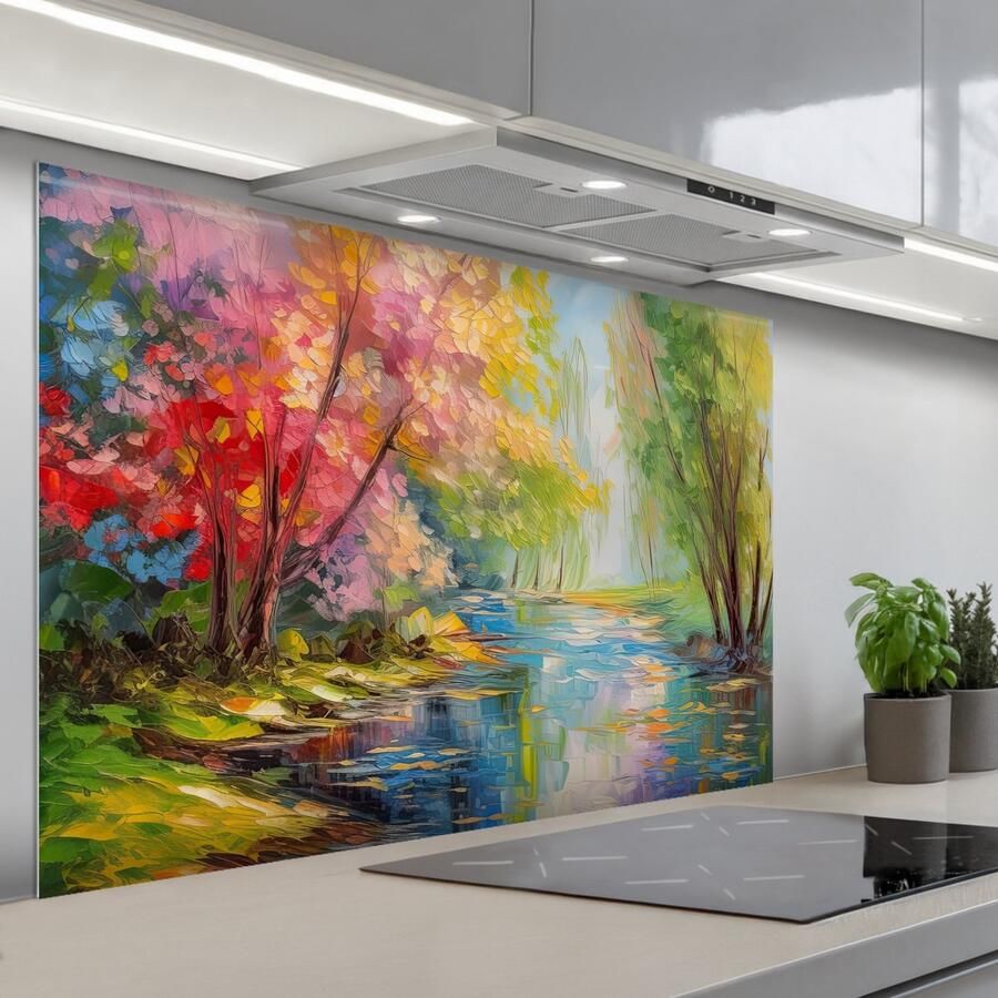 KitchenYeah Spatscherm 120x80 cm Zelfklevende achterwand Olieverf Landschap Natuur Kleurrijk Keuken muurbeschermer Spatwand fornuis
