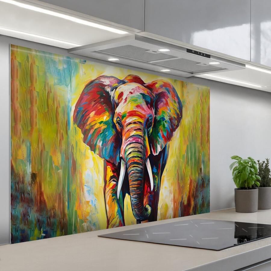 KitchenYeah Spatscherm 120x80 cm Zelfklevende achterwand Olifant Kunst Schilderij Dieren Regenboog Keuken muurbeschermer Spatwand fornuis