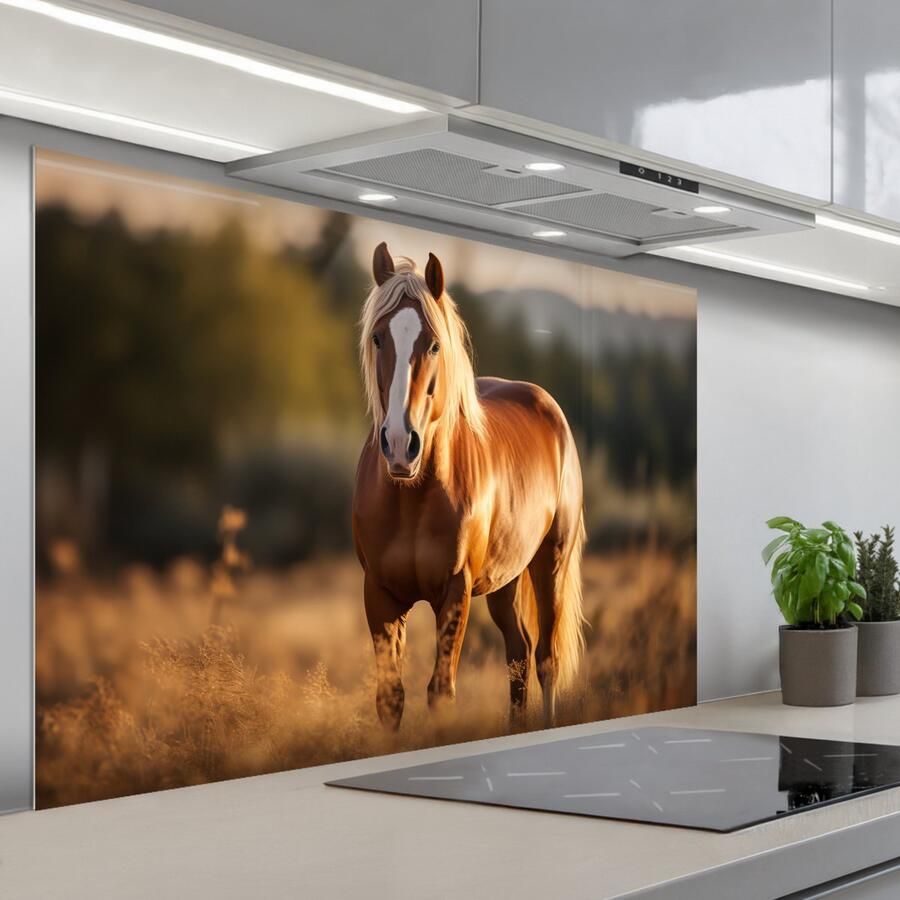 KitchenYeah Spatscherm 120x80 cm Zelfklevende achterwand Paard Bruin Natuur Weiland Dier Keuken muurbeschermer Spatwand fornuis