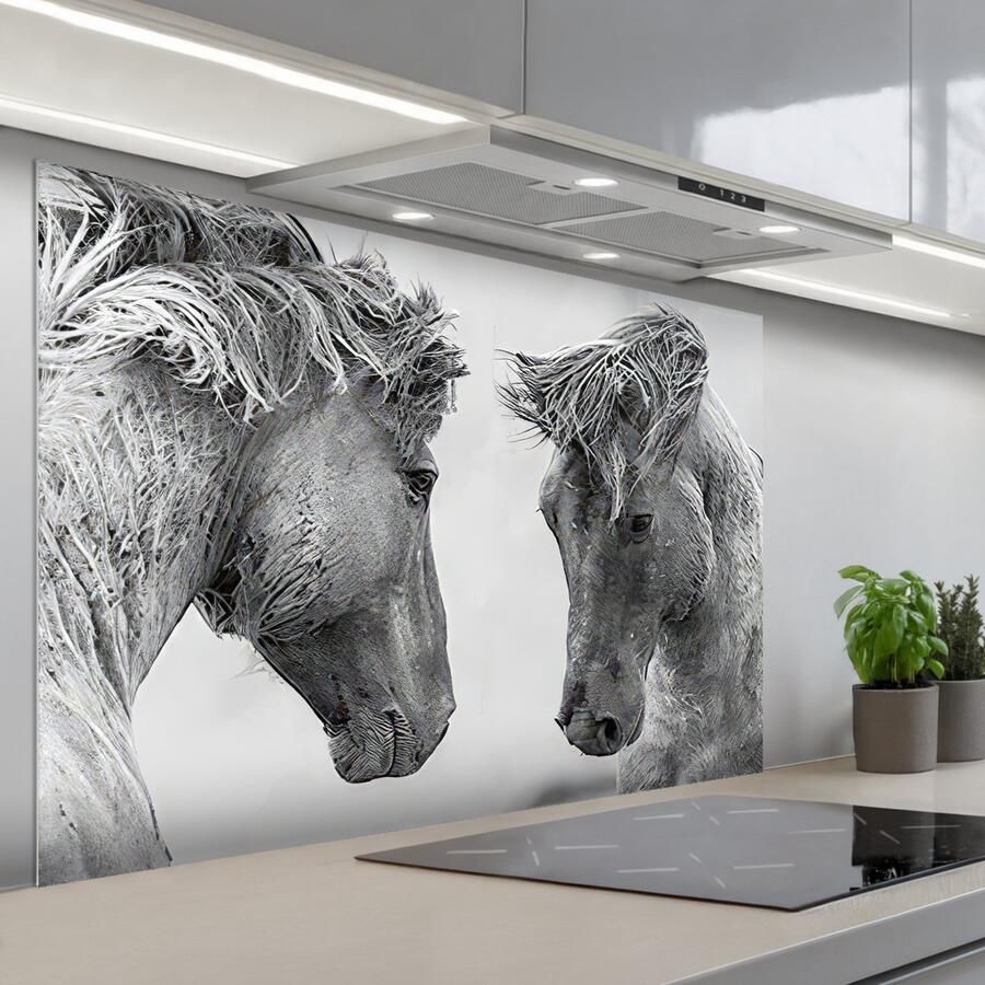 KitchenYeah Spatscherm 120x80 cm Zelfklevende achterwand Paard Zwart-Wit Dieren Keuken muurbeschermer Spatwand fornuis