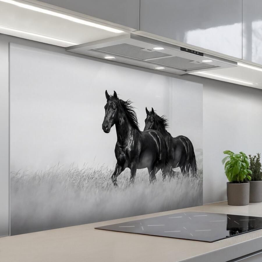 KitchenYeah Spatscherm 120x80 cm Zelfklevende achterwand Paarden Gras Zwart Wit Keuken muurbeschermer Spatwand fornuis