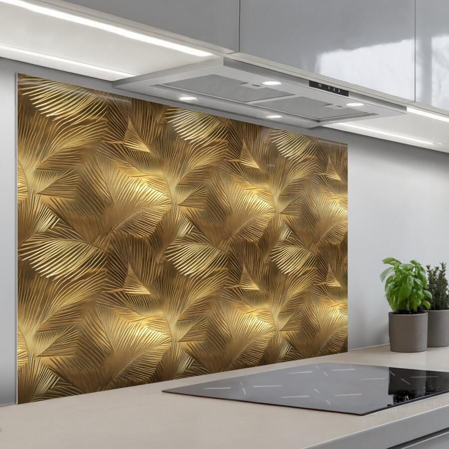 KitchenYeah Spatscherm 120x80 cm Zelfklevende achterwand Palm Waaier Goud Keuken muurbeschermer Spatwand fornuis