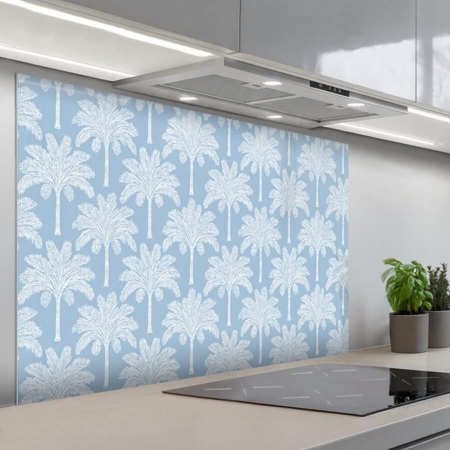 KitchenYeah Spatscherm 120x80 cm Zelfklevende achterwand Palmboom Modern Blauw Keuken muurbeschermer Spatwand fornuis