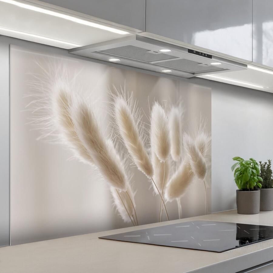 KitchenYeah Spatscherm 120x80 cm Zelfklevende achterwand Pampasgras Pluim Wit Keuken muurbeschermer Spatwand fornuis