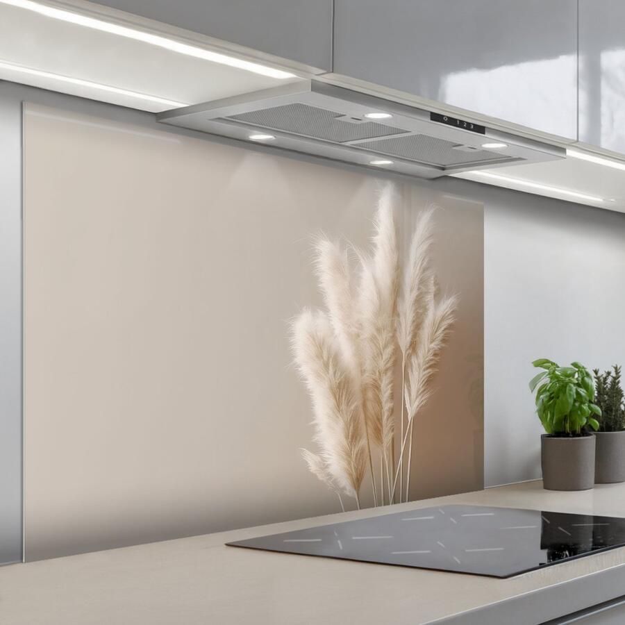 KitchenYeah Spatscherm 120x80 cm Zelfklevende achterwand Pampasgras Pluimen Pastel Wit Keuken muurbeschermer Spatwand fornuis
