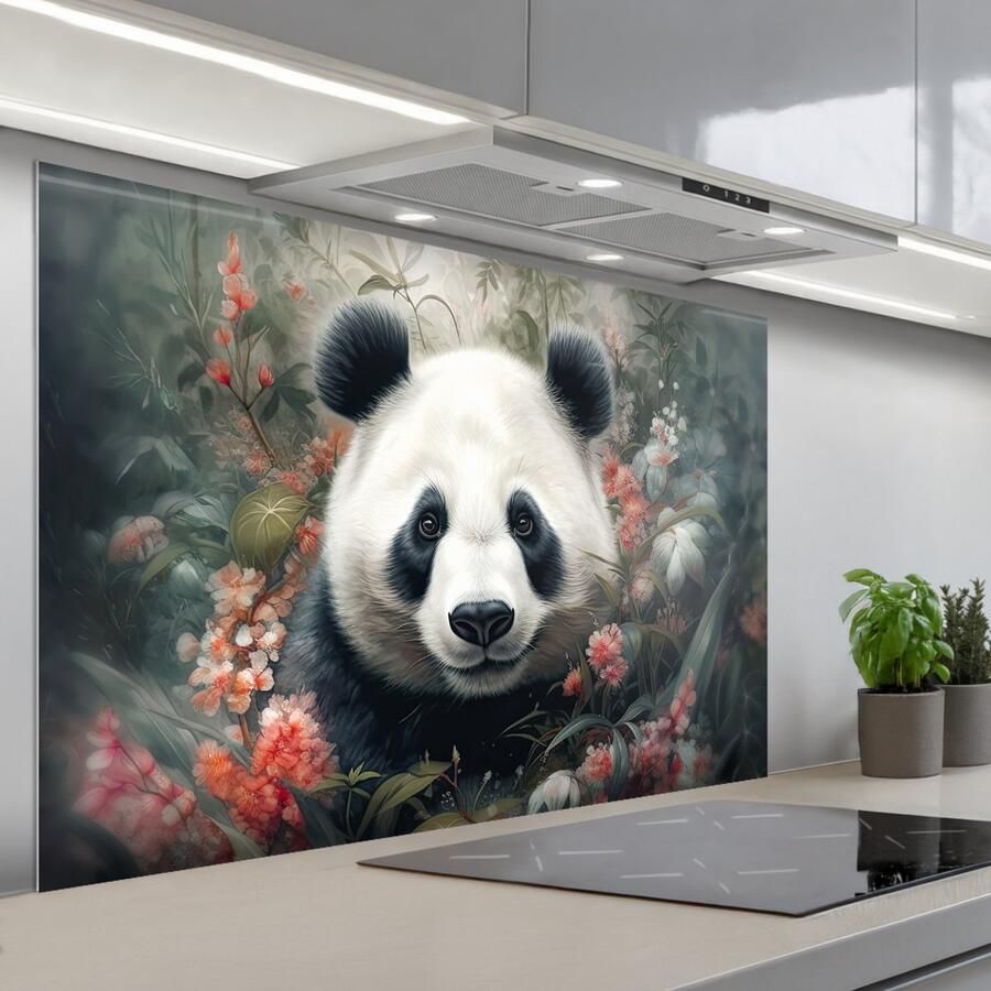 KitchenYeah Spatscherm 120x80 cm Zelfklevende achterwand Panda Wilde dieren Bloemen Natuur Keuken muurbeschermer Spatwand fornuis