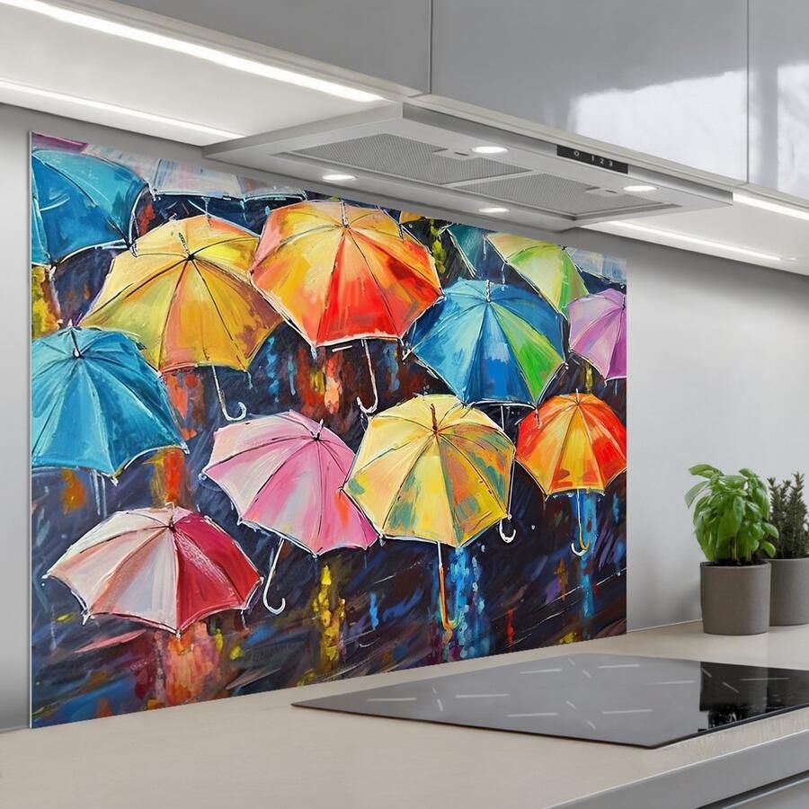 KitchenYeah Spatscherm 120x80 cm Zelfklevende achterwand Paraplu's Schilderij Kunst Regenboog Keuken muurbeschermer Spatwand fornuis